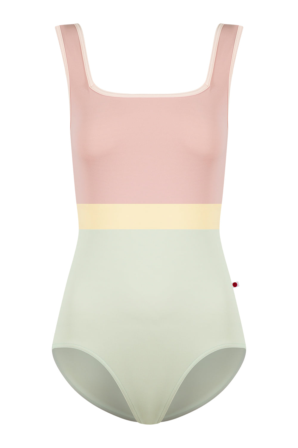 Marieke Variation 1 leotard in T-Pistachio body color with T-Petal top color, T-Misty Rose trim color and T-Vanilla middle band color
