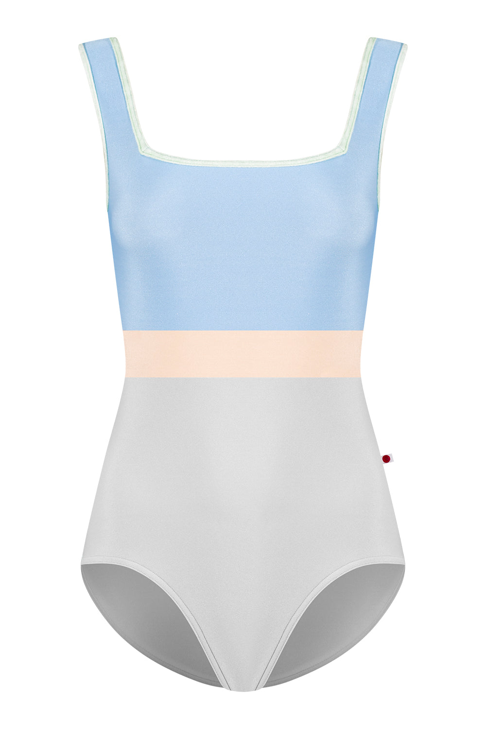 Marieke Variation 1 leotard in N-Silver body color with N-Moontide top color, CV-Pistachio trim color and N-Base middle band color