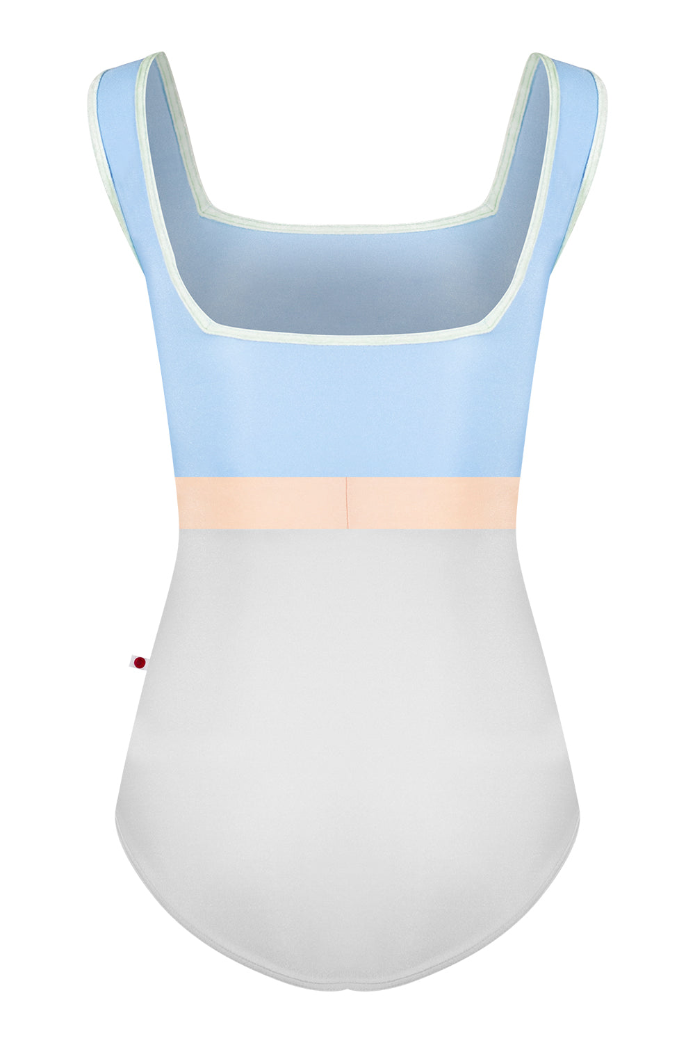 Marieke Variation 1 leotard in N-Silver body color with N-Moontide top color, CV-Pistachio trim color and N-Base middle band color