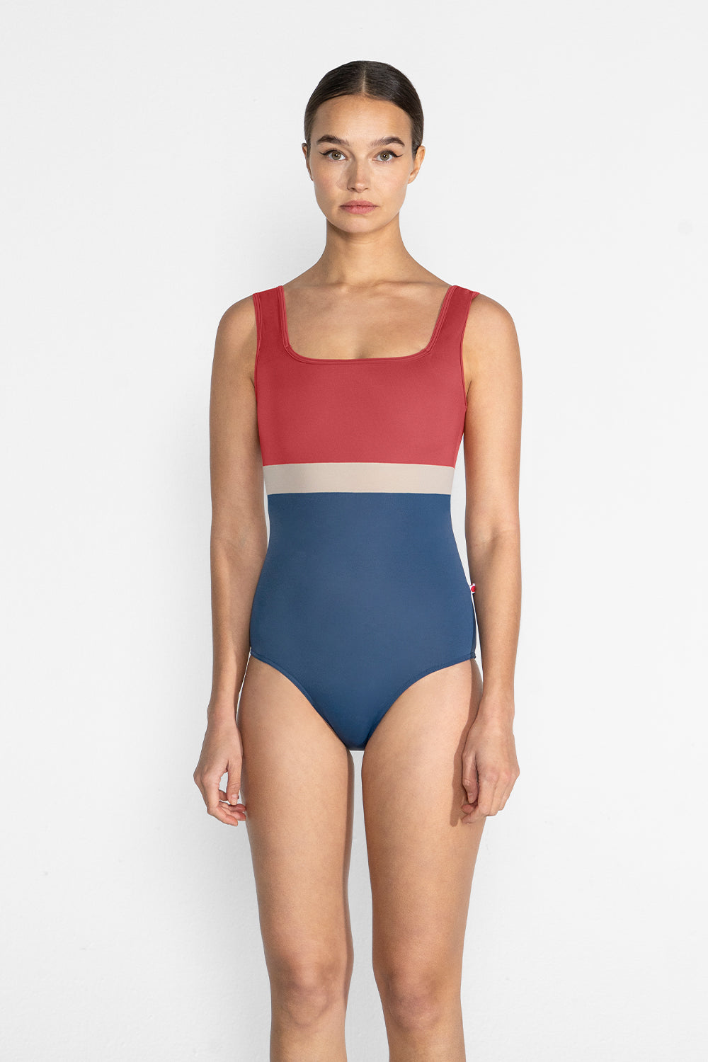 Marieke Variation 1 leotard in T-Storm body color with N-Fox top & trim color and T-Mosaic middle band color