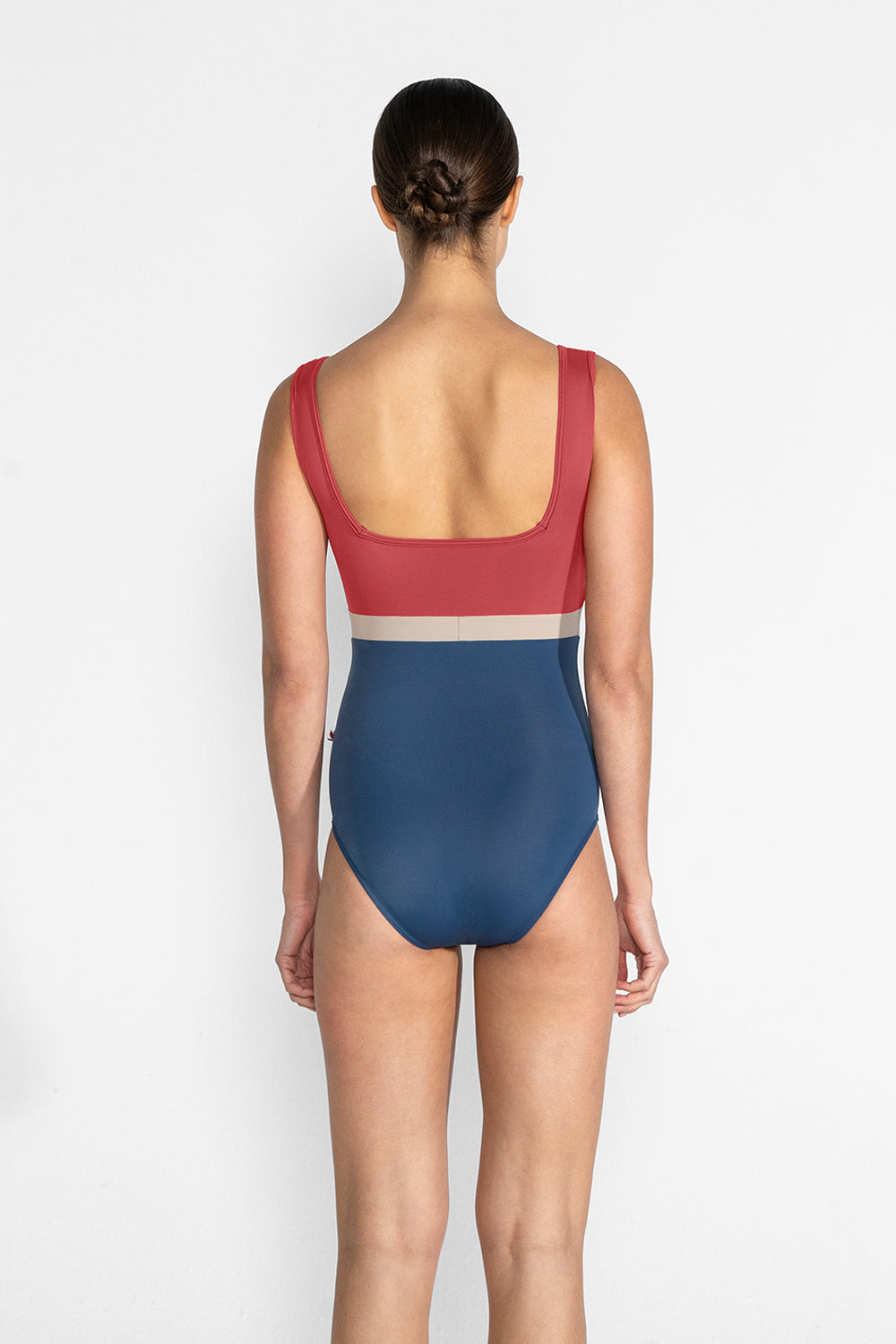 Marieke Variation 1 leotard in T-Storm body color with N-Fox top & trim color and T-Mosaic middle band color