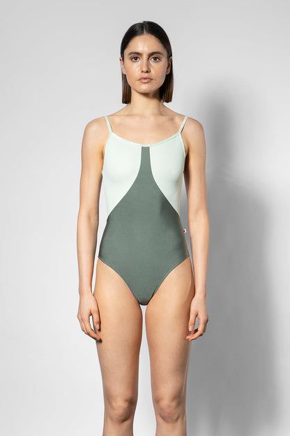Amanda leotard in N-Sage body color with T-Pistachio top color and CV-Pistachio trim color