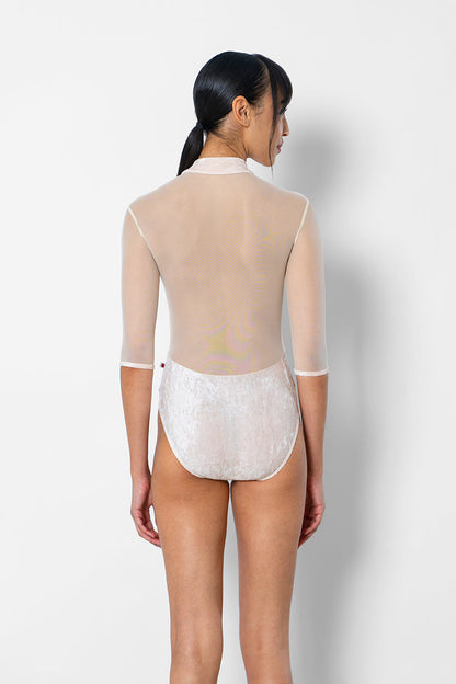 Jessica leotard in CV-Misty Rose body color with Mesh Vanilla top & Half sleeve color and CV-Misty Rose trim color