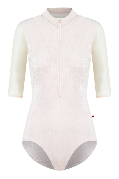 Jessica leotard in CV-Misty Rose body color with Mesh Vanilla top & Half sleeve color and CV-Misty Rose trim color
